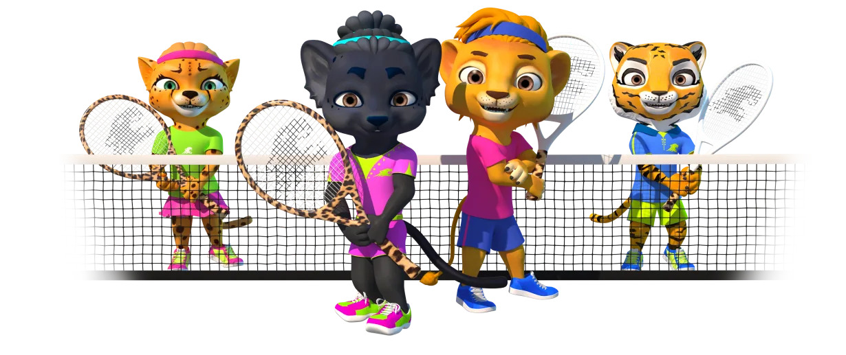 COMOOON! characters at the tennis net