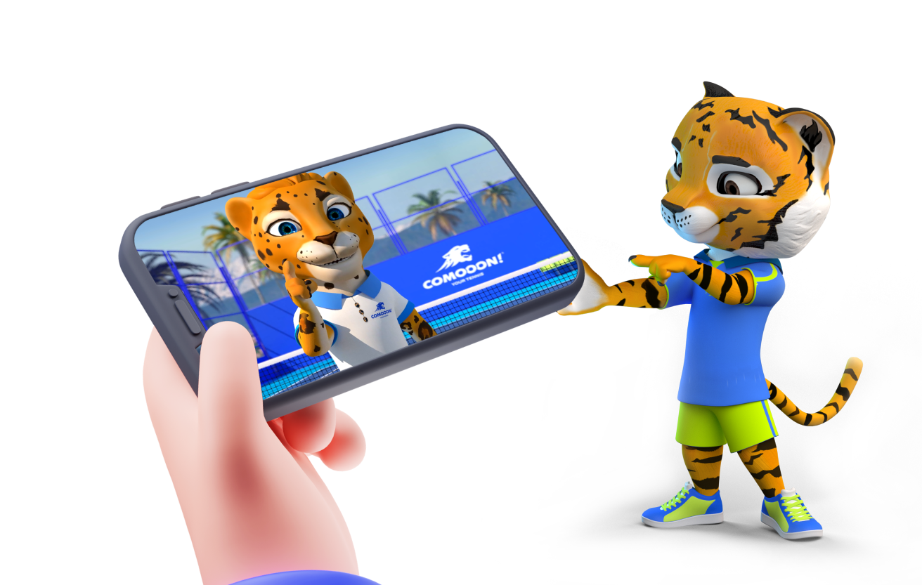 A COMOOON! lesson on a phone screen, Tiggy points at it